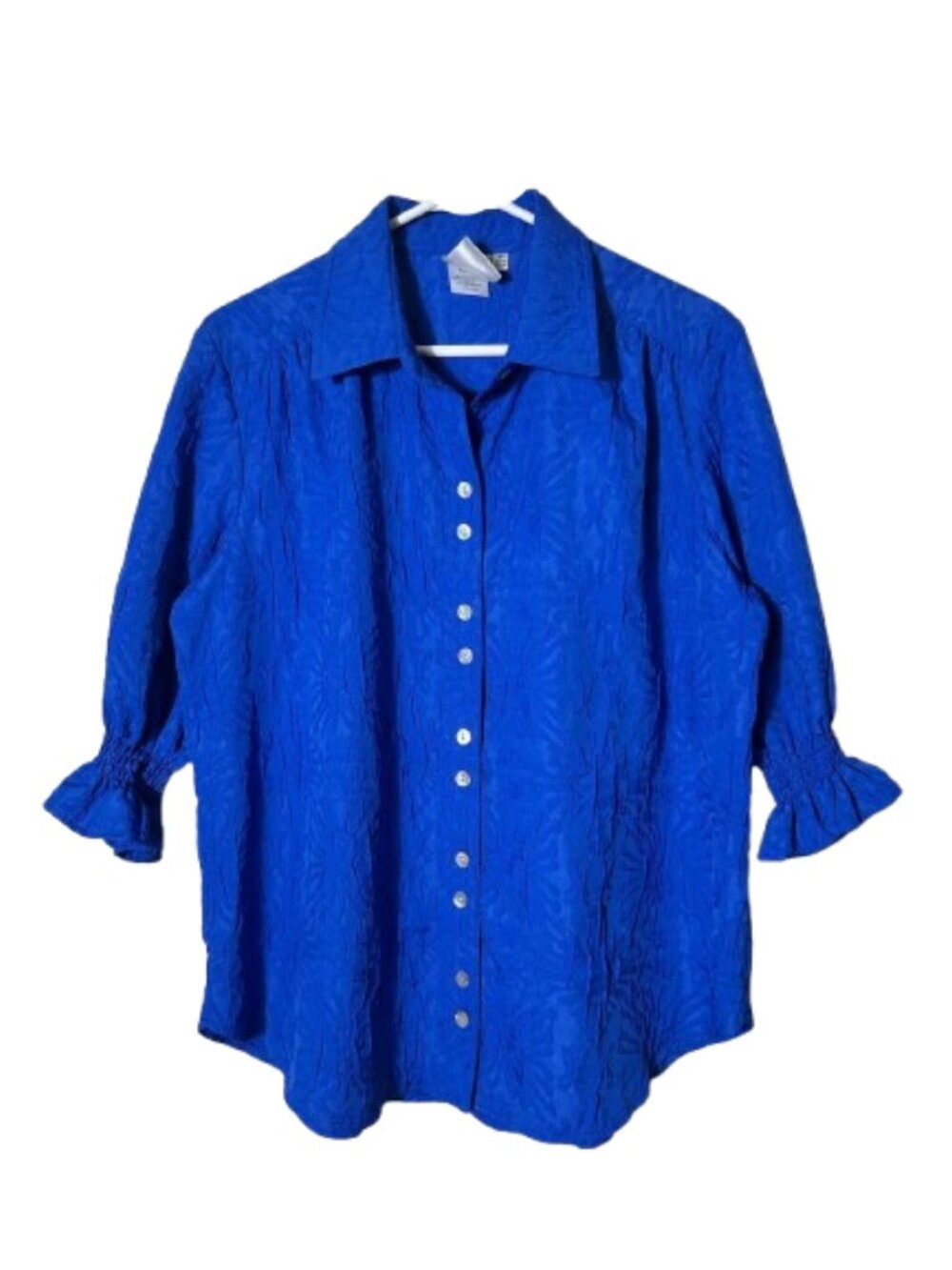 Finley sirena shirt blue textured jacquard flora ruffle top womens M
